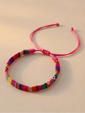 New Multicolor Woven Friendship Bracelet with Pink Cord